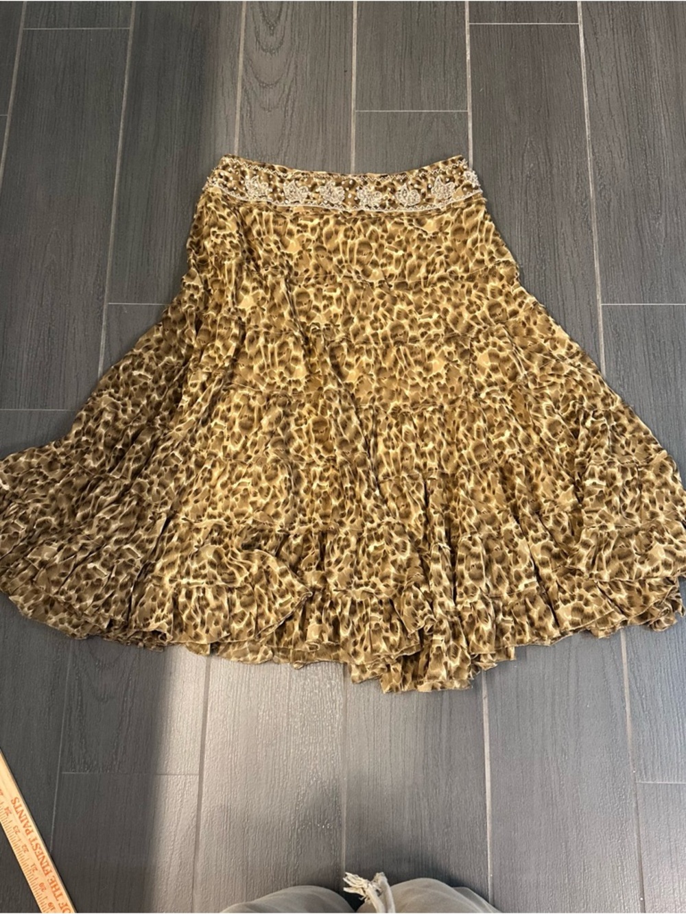 Leopard Print Tiered Skater Skirt with Embellished Waistband - Brown - Picture 8 of 11